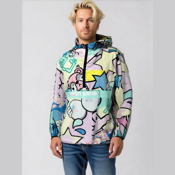 Reason Pastel Neo World Windbreaker Jacket 1/4 Zipper Drawstring Hoodie Sz Large - Picture 1 of 14